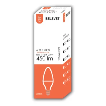 Лампа LED-M C37 5W 3000K E14 Belsvet в красочной упаковке