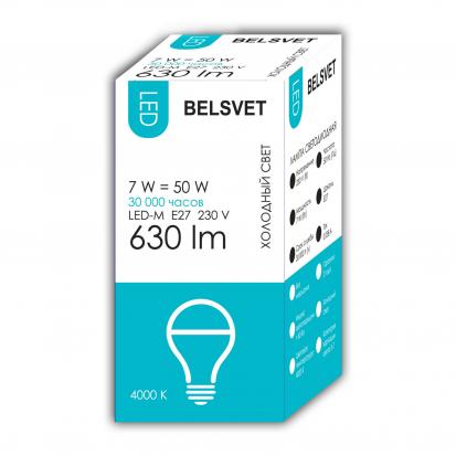 Лампа LED-M A60 7W 4000K E27 Belsvet в красочной упаковке