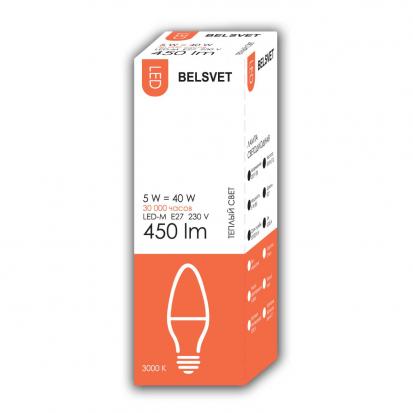 Лампа LED-M C37 5W 3000K E27 Belsvet в красочной упаковке