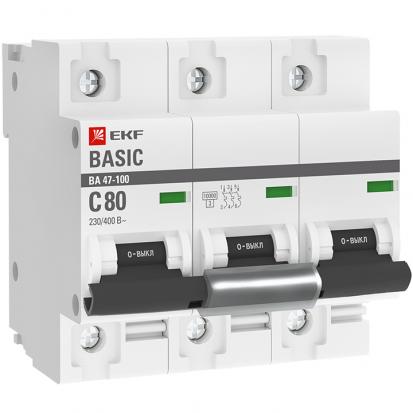 Автоматический выключатель ВА 47-100, 3P 80А (C) 10kA EKF Basic